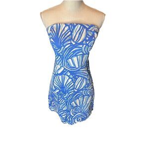 Vineyard Vines Nautilus Shell Print Strapless Dress Cornflower Blue sz 12